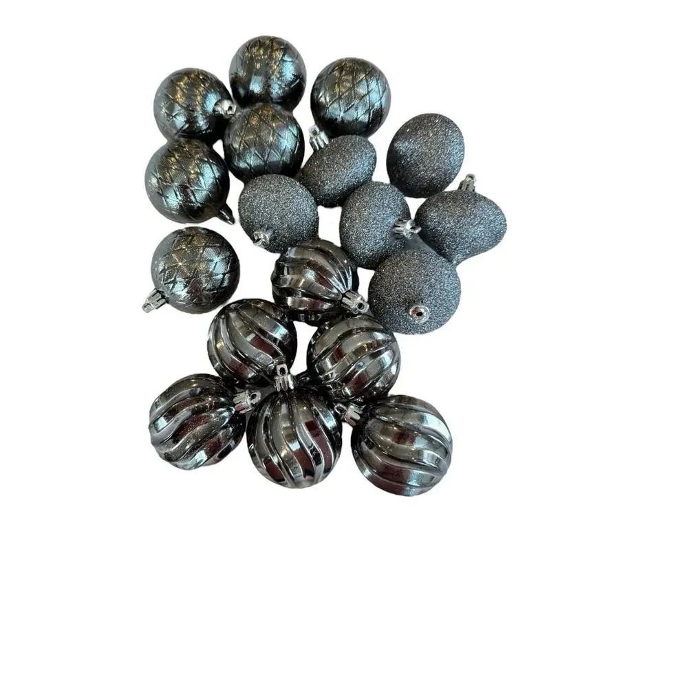 Set of 18 Pewter Color Shatter Proof Ornaments 3 Styles 6/Glitter 12/Shiny 2.25